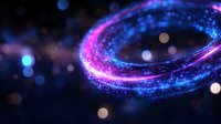 Glowing spiral of pink and blue light particles creating magical cosmic effect against dark background with bokeh circles, suitable for abstract designs.
