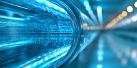 Abstract blue tunnel with glowing lights and motion blur effect creating futuristic technology perspective, digital transformation concept background.