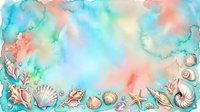 Watercolor seashells and coral frame with pastel blue, pink and green background. Marine border design for summer projects, invitations and coastal decor.