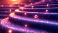 Glowing pink and purple waves with floating luminous spheres create magical abstract background with sparkle effects and light trails. Cosmic design element.