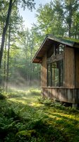 Modern wooden cabin nestled among tall forest trees with lush green vegetation and morning mist, ideal for architecture and nature design projects.