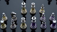 Collection of luxury vaping atomizers and drip tips in metallic finishes with purple and gold accents arranged on dark background for product display.