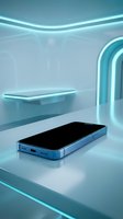 Modern smartphone with black screen displayed on white surface in futuristic room with glowing cyan neon lights and curved architectural elements, suitable for tech product showcases.