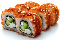 Fresh California roll sushi with crispy orange tobiko, cucumber, cream cheese, and sesame seeds on white background, close up view for menu and restaurant promotion.