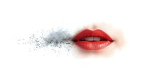 Red glossy lips with black smoke effect dissolving into white background, artistic makeup concept for cosmetic and beauty industry advertising.