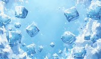 Transparent ice cubes falling through blue water with bubbles and splashes, creating refreshing cool atmosphere for beverage advertising.