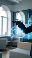 Businessman hand reaching for glowing cloud computing hologram in modern office interior with network connections and data visualization technology.