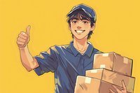 Young Asian delivery man in blue uniform holding cardboard boxes and showing thumbs up gesture against yellow background. Cheerful service concept.