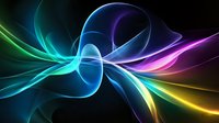 Vibrant flowing abstract waves in neon colors of blue, purple, pink, green and yellow create dynamic motion against black background. Glowing light trails form elegant curves.