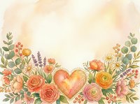 Watercolor floral frame with golden heart center, featuring roses, wildflowers and greenery on soft beige background for romantic wedding invitations.