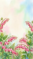 Watercolor bleeding heart flowers with pink blooms and green foliage on a soft pastel background, perfect for cards and prints.