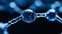 Macro photography of water droplet chain formation in blue tones showing surface tension and light refraction against dark background, demonstrating natural physics phenomenon.