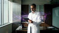 Middle-aged Caucasian male doctor in white coat using digital tablet with glowing purple data waves in modern medical office.
