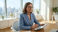 Middle-aged woman with brown hair and glasses wearing blue blazer sitting at wooden desk with tablet in modern office with city skyline view, professional business environment.