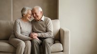 Happy senior Caucasian couple embracing on beige sofa, showing love and companionship in comfortable home setting for retirement lifestyle content.