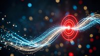 Digital data stream with glowing red target symbol and flowing light trails on dark background with bokeh effects for technology and cybersecurity concepts.