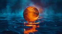 Glowing orange crystal sphere floating on rippled water surface against dark turquoise background, creating magical reflection and ethereal atmosphere.