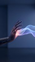Robotic hand releasing glowing energy wave against dark blue background, symbolizing technology, innovation, artificial intelligence, and digital transformation in modern computing.