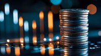 Stack of silver coins on dark background with glowing bokeh lights and reflections, representing financial growth, investment and wealth management concept.