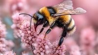 Macro shot of bumblebee collecting nectar from pink spring blossom. Detailed view shows fuzzy body, wings and antennae against soft blurred floral background.