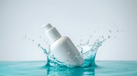 White cosmetic bottle with pump dispenser creating dynamic water splash on turquoise surface against clean background for skincare product advertising.