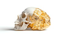 Human skull with golden crystal formation emerging from back on white background, symbolizing transformation between life and death.