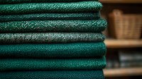 Stack of folded emerald green textured fabric materials on wooden shelves for interior design and home decor projects in retail store display.