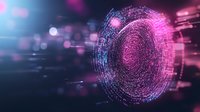 Futuristic digital fingerprint scan with glowing pink and blue particles forming circular biometric pattern on dark background with bokeh light effects.