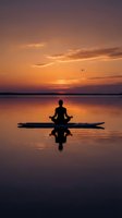Silhouette of person meditating in lotus position on paddleboard at sunset over calm lake with golden sky reflection and flying bird for wellness concepts.