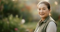 Mature Asian woman with gray hair smiling outdoors in garden setting, wearing casual olive shirt, suitable for healthcare, wellness, lifestyle and senior living content.