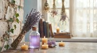 Lavender essential oil bottle with dried flowers, burning candles, and amethyst crystal on rustic wooden table in cozy aromatherapy spa setting.
