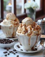 Creamy vanilla ice cream sundae topped with caramel sauce, whipped cream and crushed nuts in white ceramic cup, served with coffee beans on marble surface.
