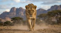 Majestic lioness walking on dusty savanna path with acacia trees and dramatic mountain landscape in golden hour light for wildlife photography projects.