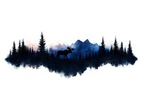 Silhouette of moose and pine trees against misty mountain landscape in deep blue watercolor effect, reflecting wilderness scene on white background, isolated design element.
