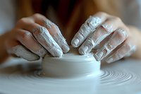 Hands covered in clay working on pottery wheel, shaping ceramic vessel. Close-up view shows artistic process and textural details of wet clay on fingers.