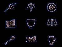 Glowing neon law and justice icons set on black background. Scales, gavel, books and legal symbols in blue light outline style for modern interface design.