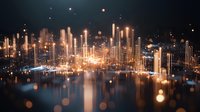 Glowing futuristic cityscape with illuminated skyscrapers reflecting on water surface at night, golden lights and bokeh effects create magical urban atmosphere.