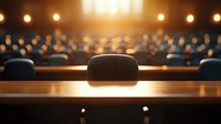 Empty auditorium seats with dramatic lighting and bokeh effect in background, wooden armrests visible, creating atmospheric mood for theater, concert or conference setting.