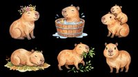 Capybara character set with six adorable poses isolated on transparent background. Perfect for t-shirt designs, stickers, clipart, print-on-demand products, and sublimation projects. Ready for immediate design use.