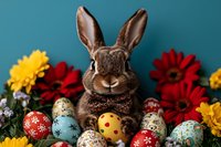 Brown bunny with bowtie surrounded by colorful painted Easter eggs and bright spring flowers including red and yellow gerbera daisies against turquoise background.