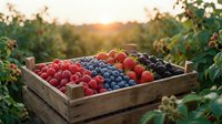 Fresh mixed berries in rustic wooden crate at sunset vineyard harvest time with golden light filtering through grape vines creating warm agricultural scene.