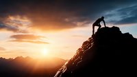 Silhouette of determined climber reaching mountain summit at golden sunrise with dramatic sky and peaks in background for motivation concepts.