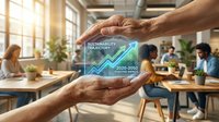 Business professionals presenting sustainability trajectory growth chart with upward arrow in modern office environment for corporate responsibility reporting.