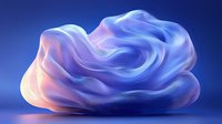 Ethereal flowing abstract shape with smooth curves in blue and pink gradient colors against dark background, creating soft cloud-like formation with gentle illumination.