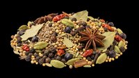 Mixed whole spices pile with star anise, cardamom, peppercorns, bay leaves, and chili, isolated on transparent background, ready for food, packaging, and print designs.