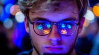 Young caucasian man in glasses with neon reflection, illuminated by vibrant blue and orange bokeh lights creating moody cyberpunk atmosphere at night club or urban setting.