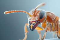 Extreme macro photography of orange ant head with detailed compound eyes, mandibles and antennae against soft blue background. Fascinating insect portrait.