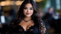 Young woman of South Asian descent with long black hair and makeup, wearing an elegant black lace top, posed against a blurred urban background for fashion and lifestyle content.