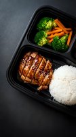 Healthy meal prep container with teriyaki chicken, steamed broccoli, carrots and white rice on dark background for balanced nutrition and diet planning.