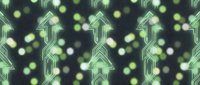 Neon green arrows pointing upward with glowing bokeh circles on dark background, seamless pattern tiles for digital wallpaper, tech design, growth concept, and modern graphic projects.
